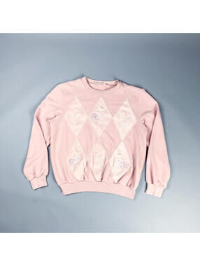 Vintage Women's Sweatshirt, 80's Pink Embroidered Floral Diamond Pattern Sweater